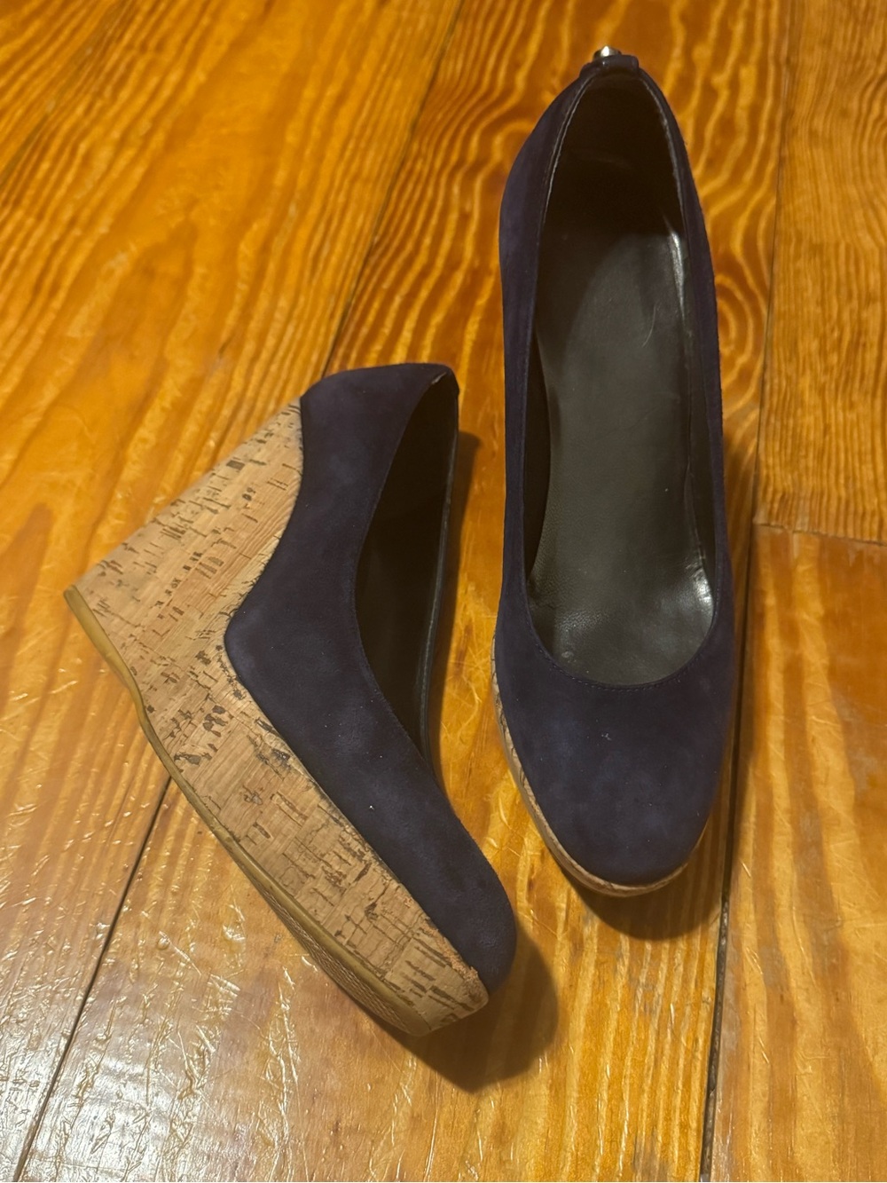 Stuart Weitzman Navy Suede Cork Wedge Pumps - Picture 2 of 9